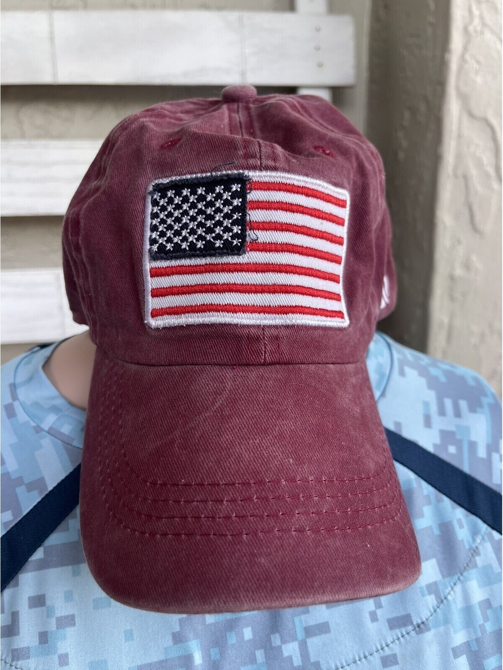 Baseball Cap With American Flag Distressed Burgundy With UV Protection.